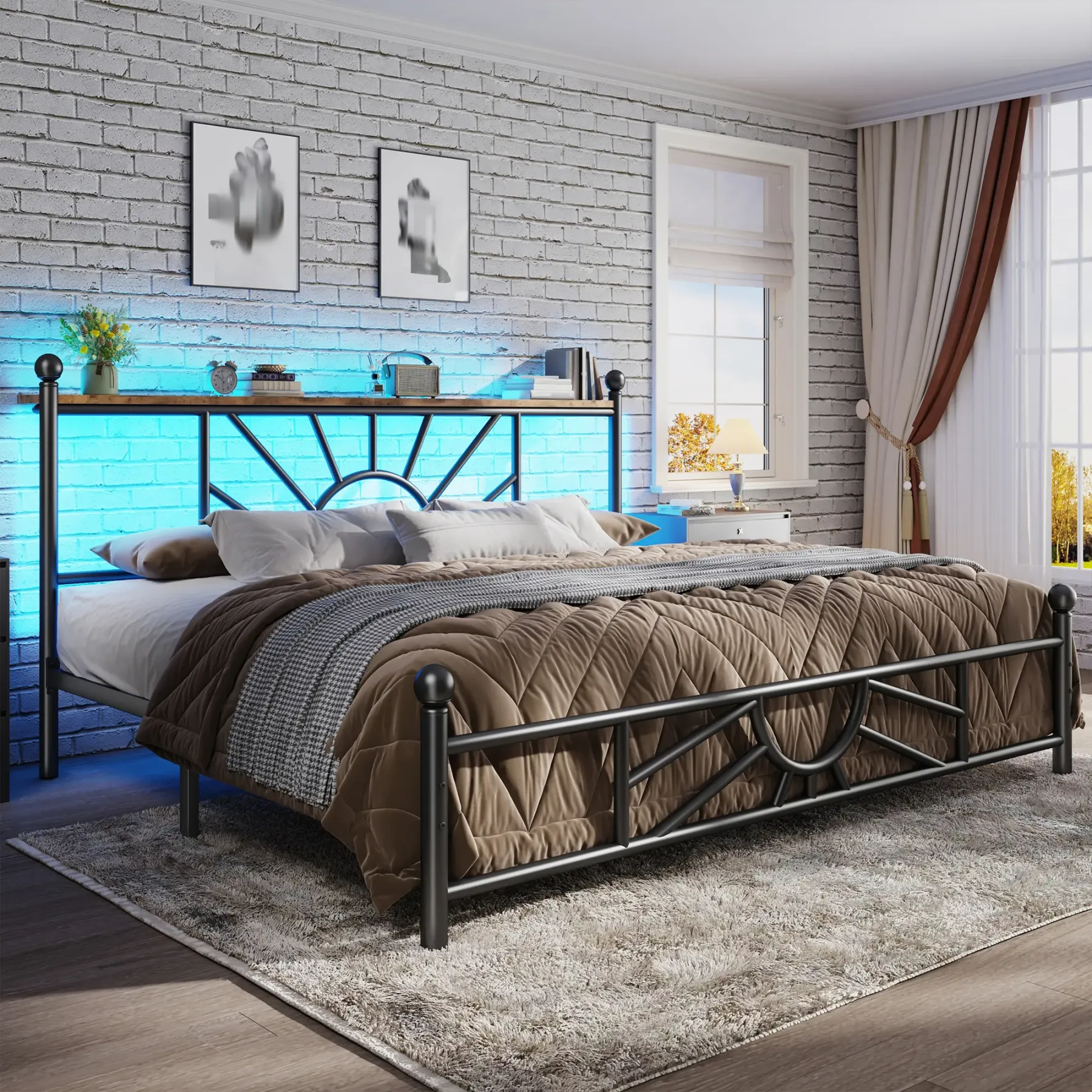 Estructura de cama moderna de metal tapizado (apta para camas King/Queen/Full) con 5 cajones de almacenamiento de tela; el cabecero integra una estación de carga y estantes con tira de luz LED; altura libre de 34 cm debajo de la cama, ideal para apartamen