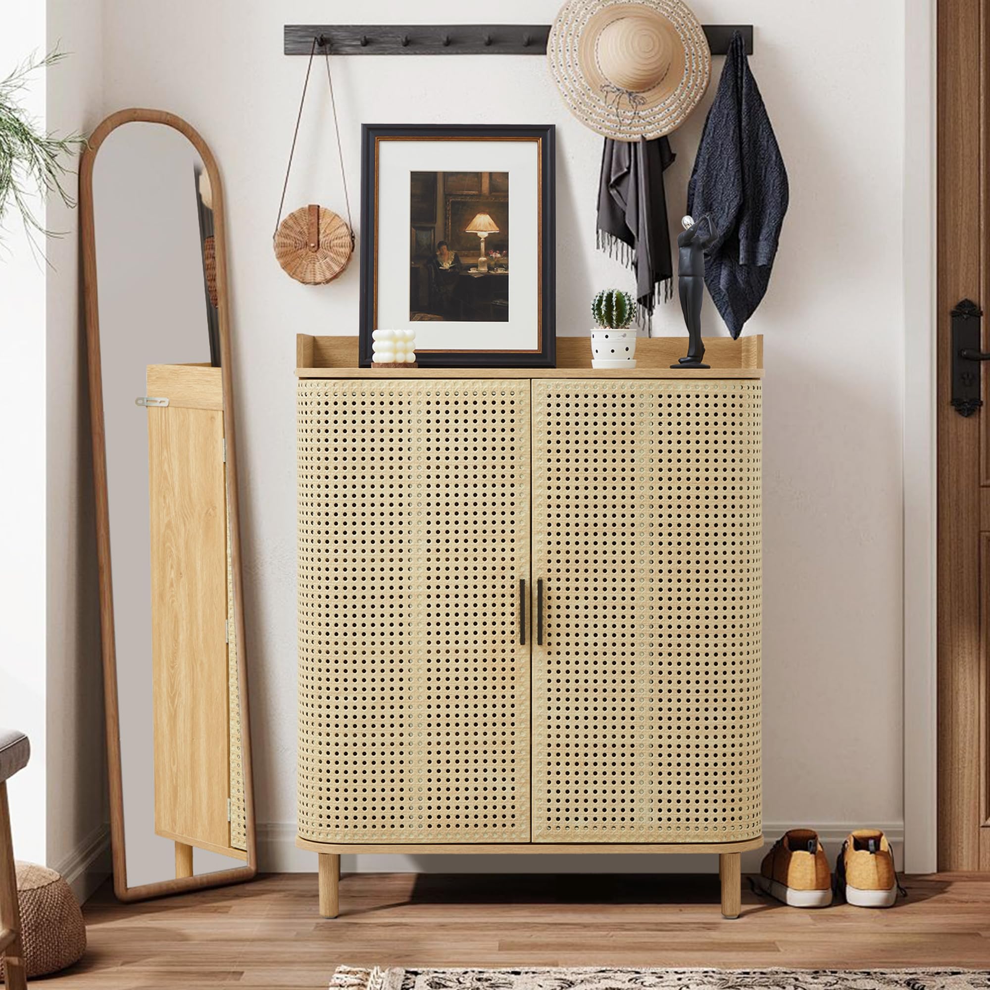 Giratree Shoe Cabinet, 5 Tier Boho Wooden Shoe Storage Organizer Cabinet with Adjustable Shelves, Shoes Rack with Iron Rattan Curved Doors Accent Cabinet for Entryway Hallway Living Room