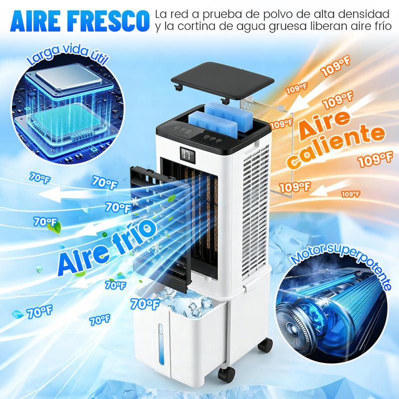 3 en 1 Aire Acondicionado Portátil, Enfriador de Aire Portátil con Tanque Con tanque de agua de 12L, control remoto y temporizador, y 4 cajas de cristales de hielo, Ideal para El hogar Dormitorio y Pequeñas Habitaciones
