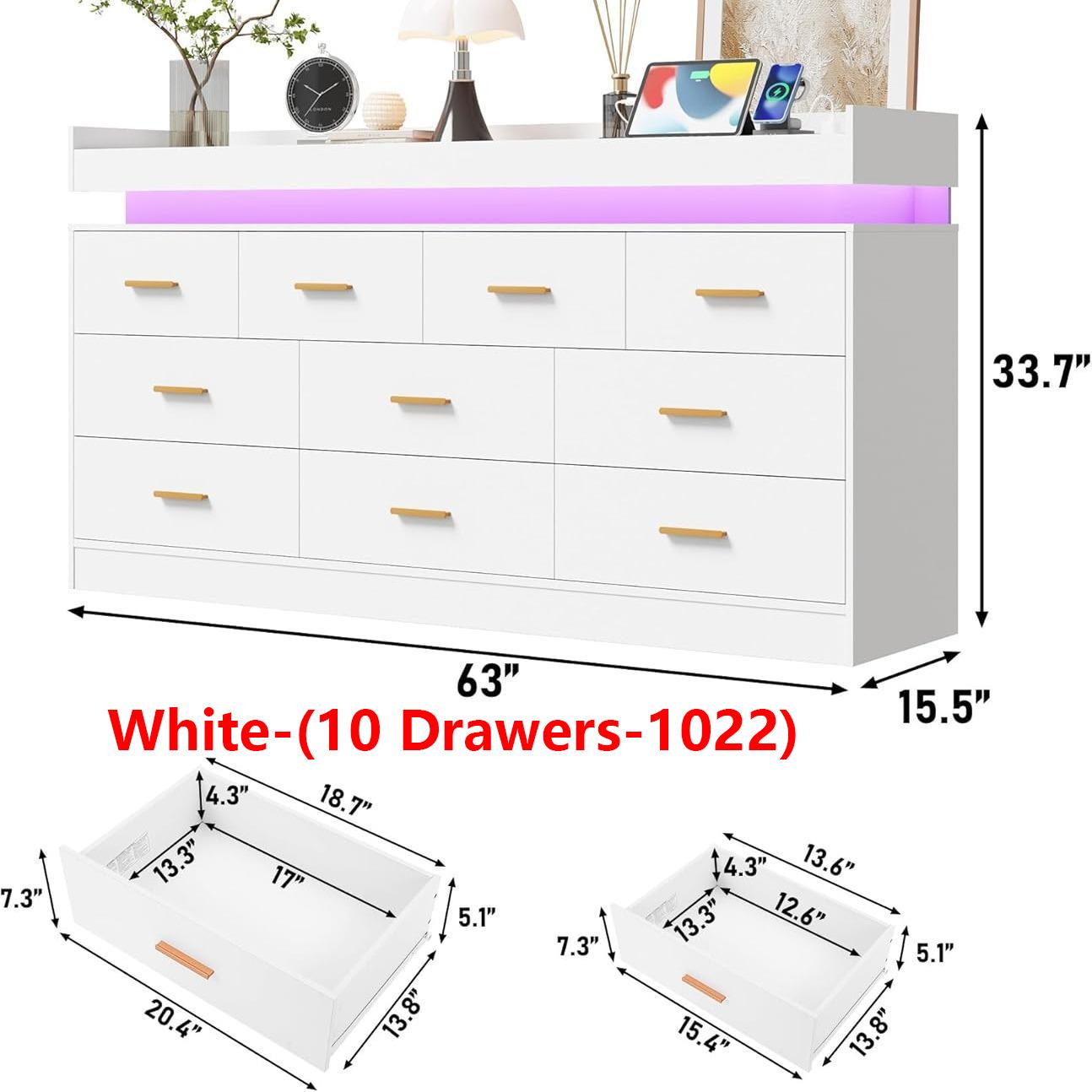 Dresser with LED Light and Charging Station, Modern Chest of Drawers for Closet, Wide Drawer Organizer Cabinet for Bedroom, Living Room, Entryway, Hallway