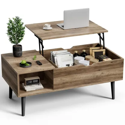 Mesa de centro Sweetcrispy de madera maciza con tablero elevable: mueble de interior de altura ajustable y diseño sencillo que combina con la decoración de la sala de estar; cuenta con estante y espacio de almacenamiento oculto, apta para comer.