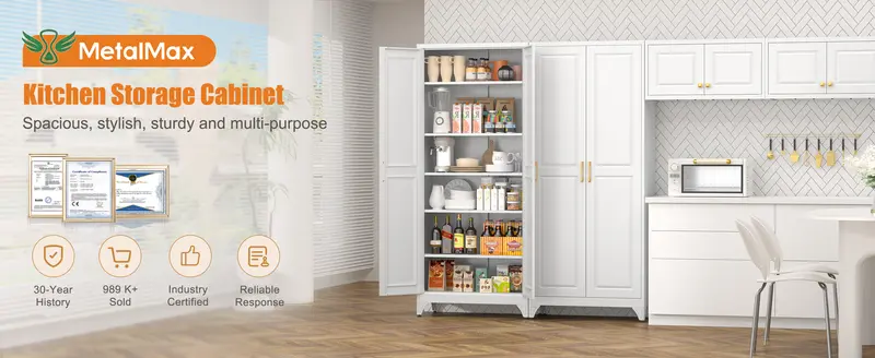 POLUP 75” Metal Frame Closed Cupboard Furniture - Rectangular Food Storage Cabinet with 5 Adjustable Removable Shelves, 2 Gold Handles, Multiple Compartments, Requires Assembly, Modern Indoor Kitchen Pantry Furniture POLUP 75” Metal Frame Closed Cupboard Furniture - Rectangular Food Storage Cabinet with 5 Adjustable Removable Shelves, 2 Gold Handles, Multiple Compartments, Requires Assembly, Modern Indoor Kitchen Pantry Furniture