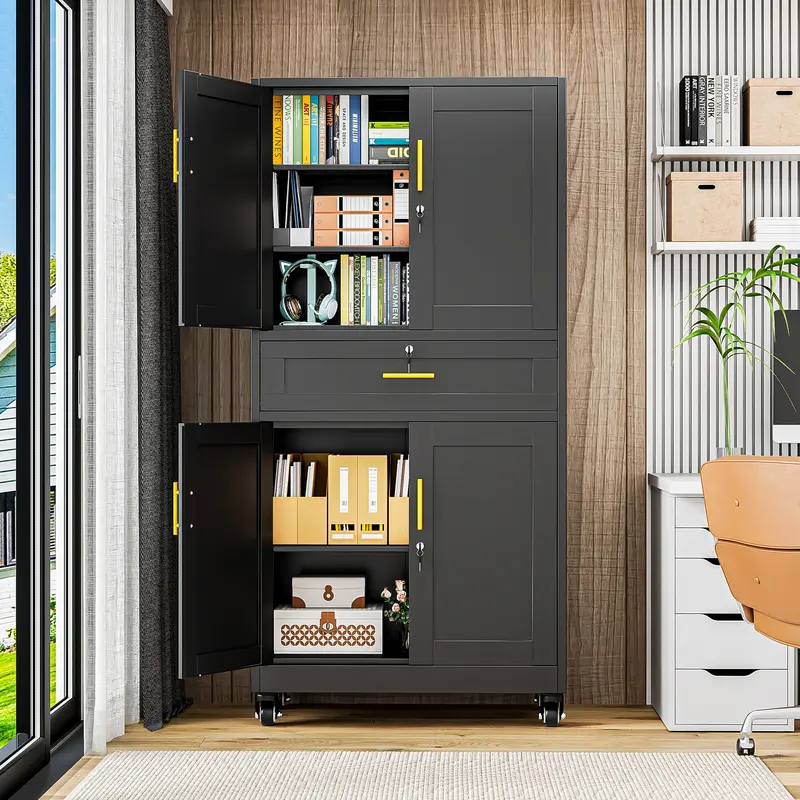 75" Lockable Metal Storage Cabinet with Wheels, Rolling Tool Organizer with Shelves & Drawer for Multi-Scene Use