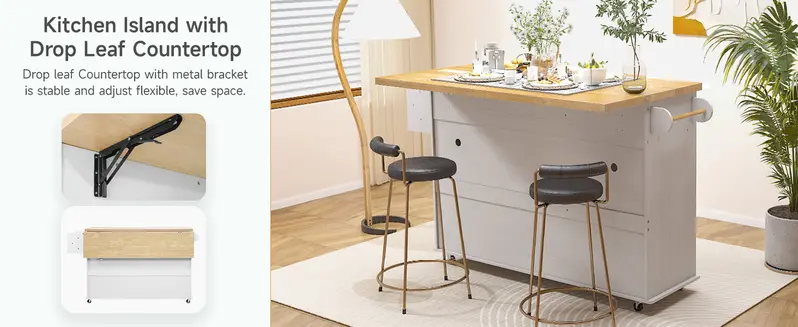 【FallDealsForYou】ONBRILL 60" Kitchen Island with Power Outlet & Drop Leaf, Kitchen Rolling Island with Spice Rack & Towel Rack, Knife Holder, Kitchen Island Cart with Trash Storage Cabinet, Mobile Island Table for Kitchen