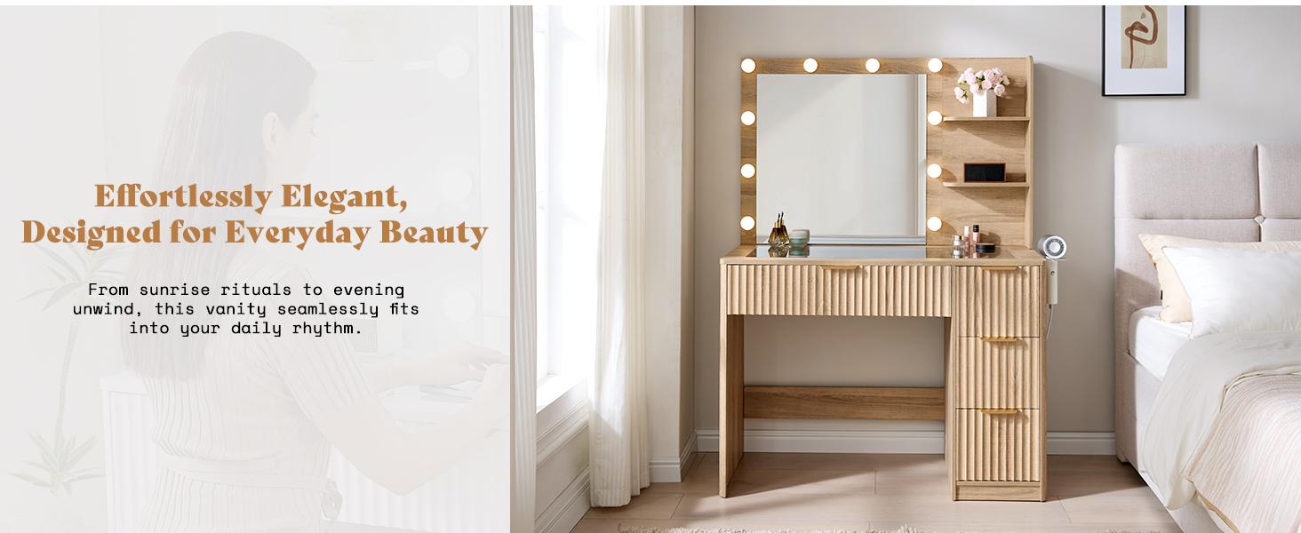 AMERLIFE 36.2/47.2" Fluted Vanity Desk with Mirror and Adjustable LED Lights, Large 4/7 Drawers Makeup Table with Glass Top and Charging Station for Women and Girls, Bedroom or Dorm/Best Gift Ideas/Christmas Gifts[tiktokshopbacktoschool][SohoChic]