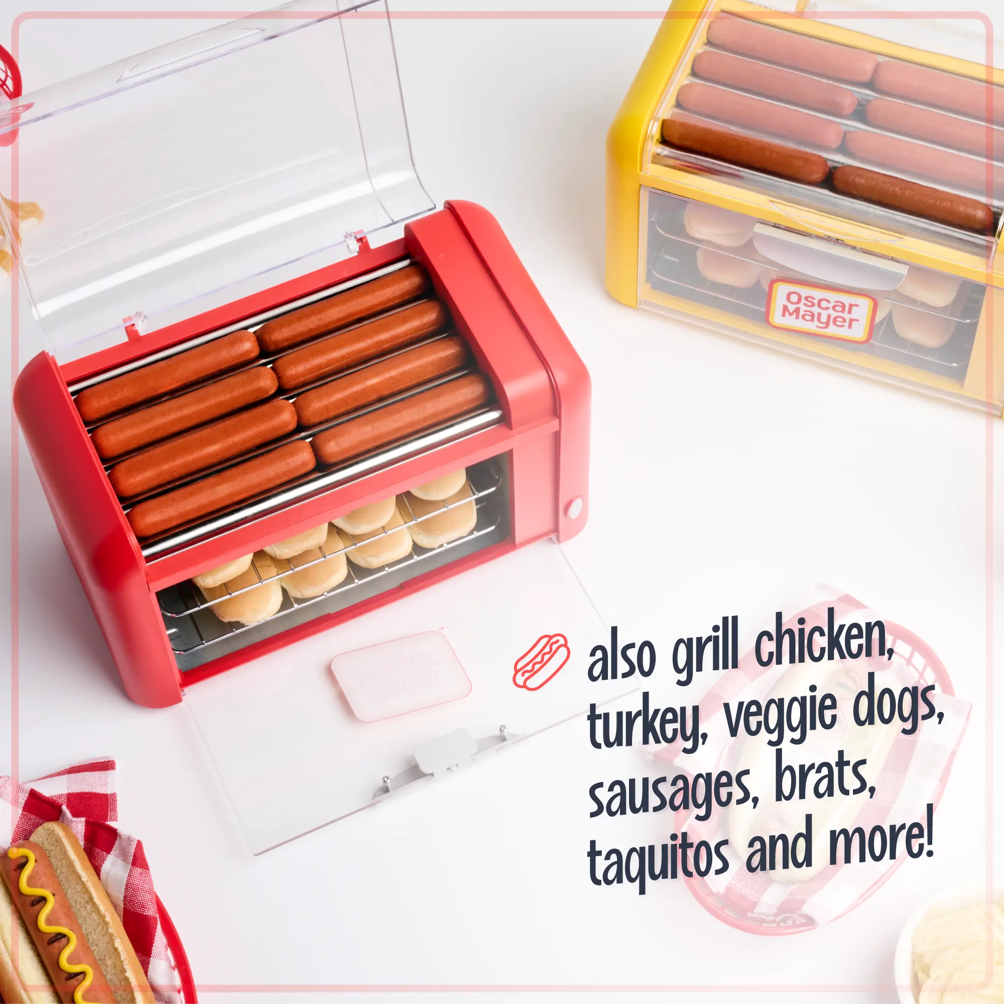 Oscar Mayer Hot Dog Roller & Bun Warmer - Red Compact Classic Corded Household Appliance with Adjustable Timer, See-Through Doors for Picnics, Gatherings, Household Appliances, Kitchen Appliances