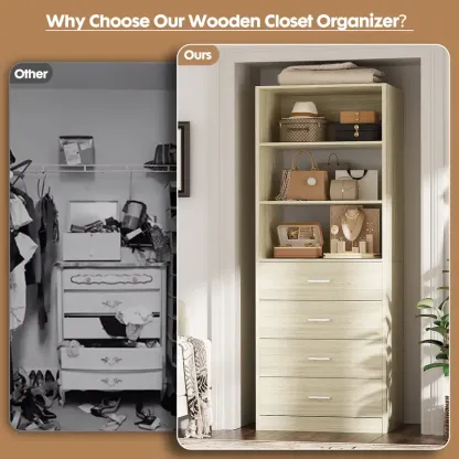 Sistema de vestidor moderno de 21,3 pulgadas: 4 cajones de madera, estantes de almacenamiento ajustables, armario estrecho y resistente con sistema antivuelco, organización personalizable para espacios pequeños, organizador de almacenamiento para dormitor
