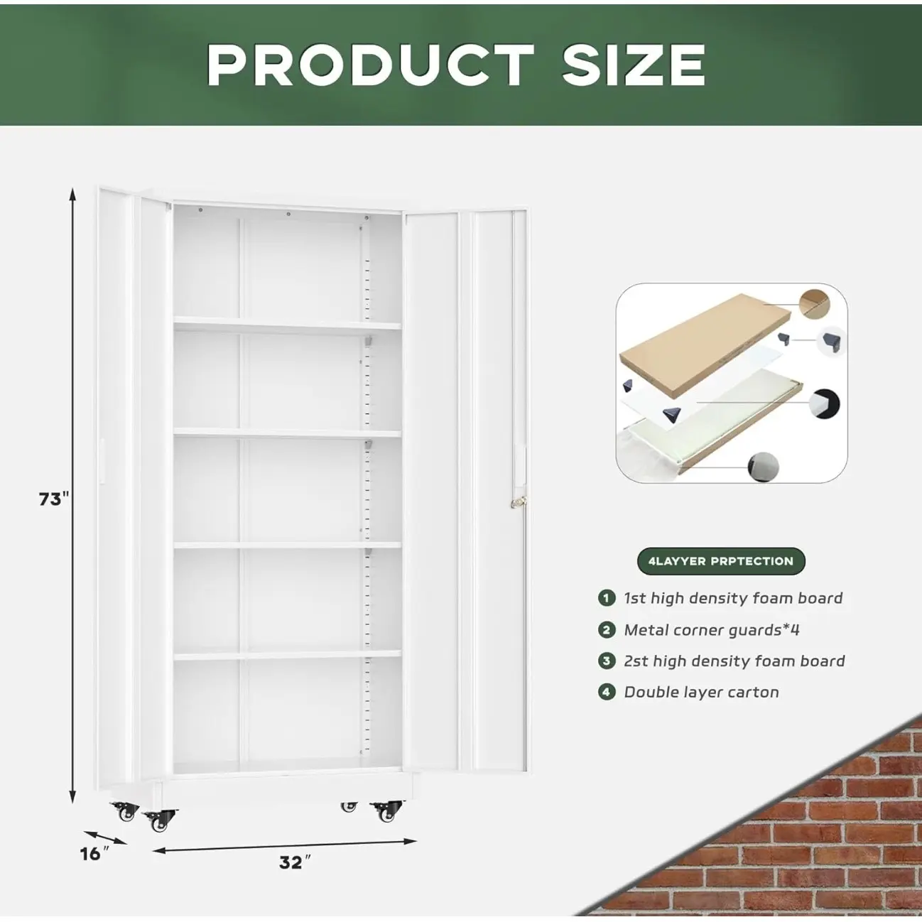 Armario de almacenamiento metálico INTERGREAT con ruedas, armario de almacenamiento para garaje de 73" con puerta y 4 estantes, armario para herramientas con ruedas para el hogar, la oficina, blanco #Summervibes