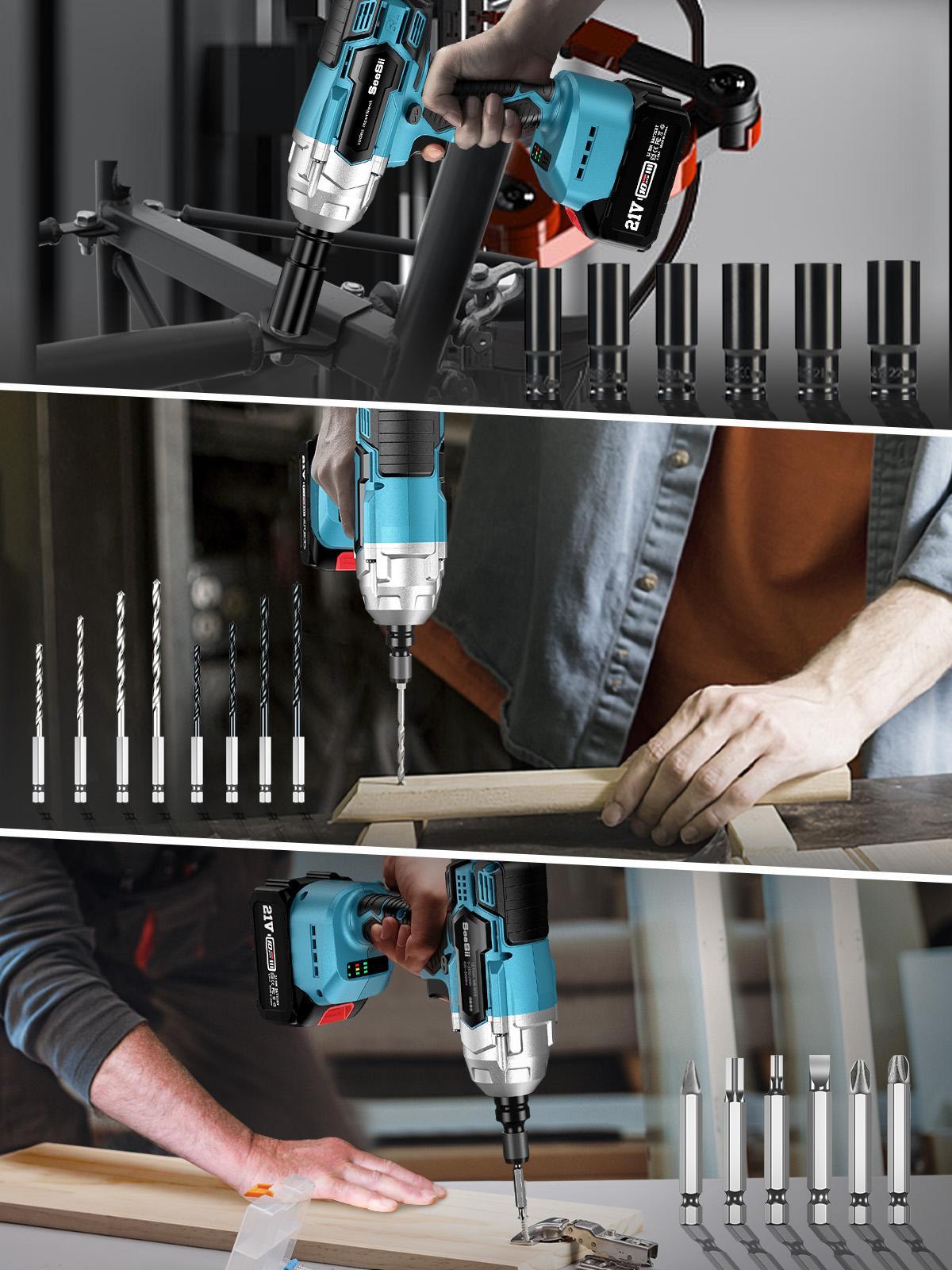 Seesii 3 in 1 Cordless Impact Wrench 1/2'',3300RPM,Brushless Impact Driver w/ 2x 4.0Ah Batteries,6 Sockets,Drills,6 Screws,Power Tool Heavy Duty