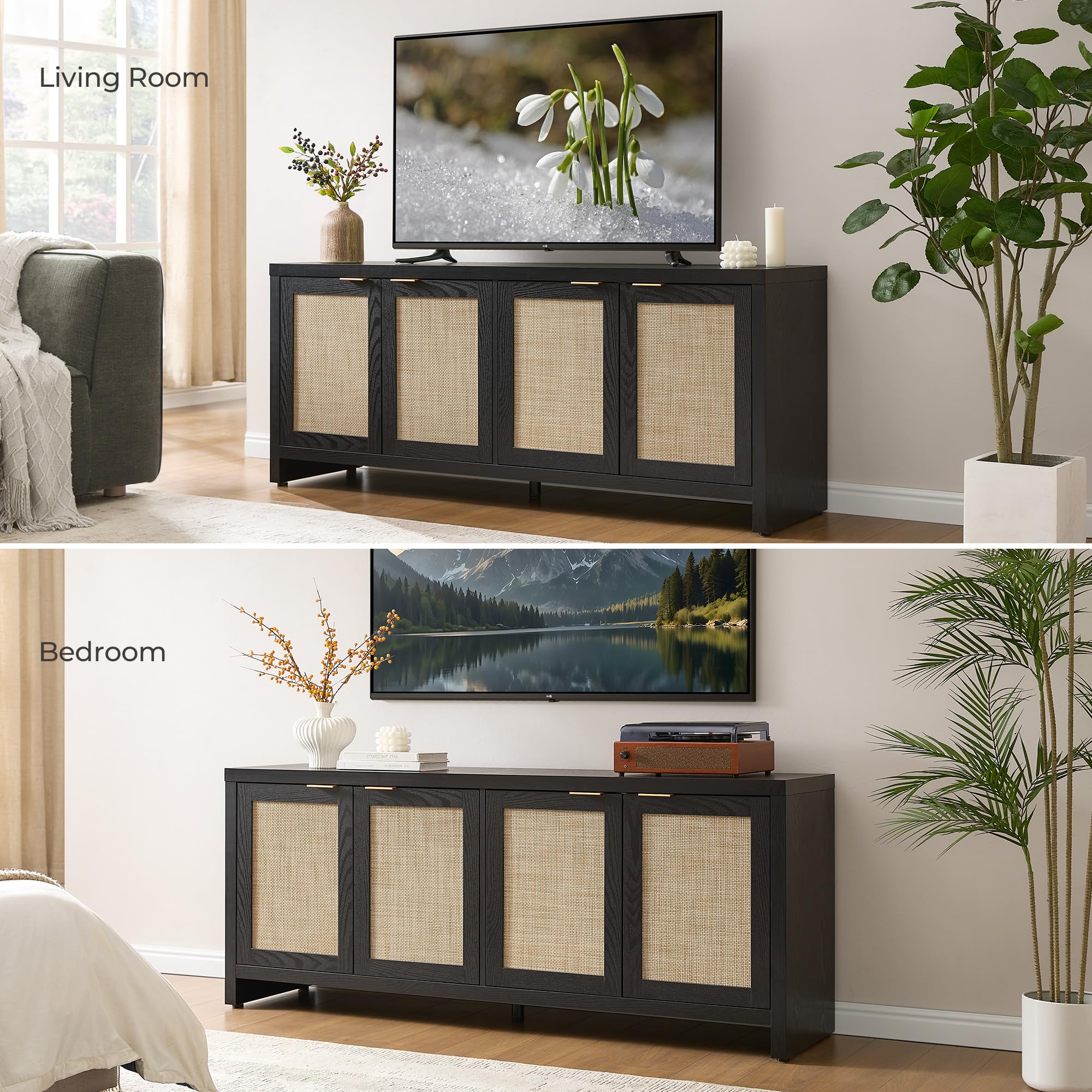 【SohoChic】SICOTAS TV Stand for Living Room Boho Entertainment Center for Bedroom with 4 Rattan Cabinets Farmhouse Television Stands with Storage Large Wood Media Console Table for TVs up to 45 50 55 60 65 Inch