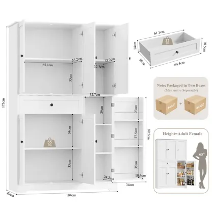 Armario despensero de cocina de 68 pulgadas de alto, mueble despensero moderno con puertas y estantes, despensa independiente con cajón de gran capacidad.