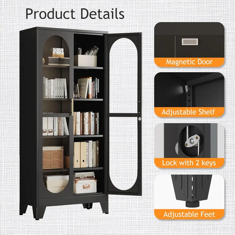 GEITIN Sturdy 70.87" Tall Metal Curio Cabinet - Lock-secure Glass Door, 5-Tier Room Furniture with 4 Adjustable Shelves, Home Bar & Tool Storage for Crockery, Collectibles, Files