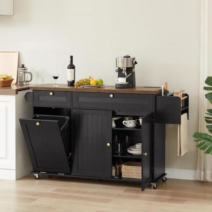 Isla de cocina ONBRILL de 60 pulgadas con toma de corriente y superficie abatible; isla móvil con especiero, toallero y soporte para cuchillos; carrito isla con compartimento para basura; mesa isla móvil para cocina.
