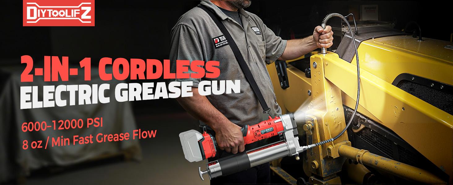 Cordless Grease Gun Compatible with Milwaukee/DeWalt Battery(NO BATTERY!!), 12000PSI, Dual Pistol & in-Line Grip, Works with Bulk & Cartridge Grease, with 39" Hose & 4 Couplers