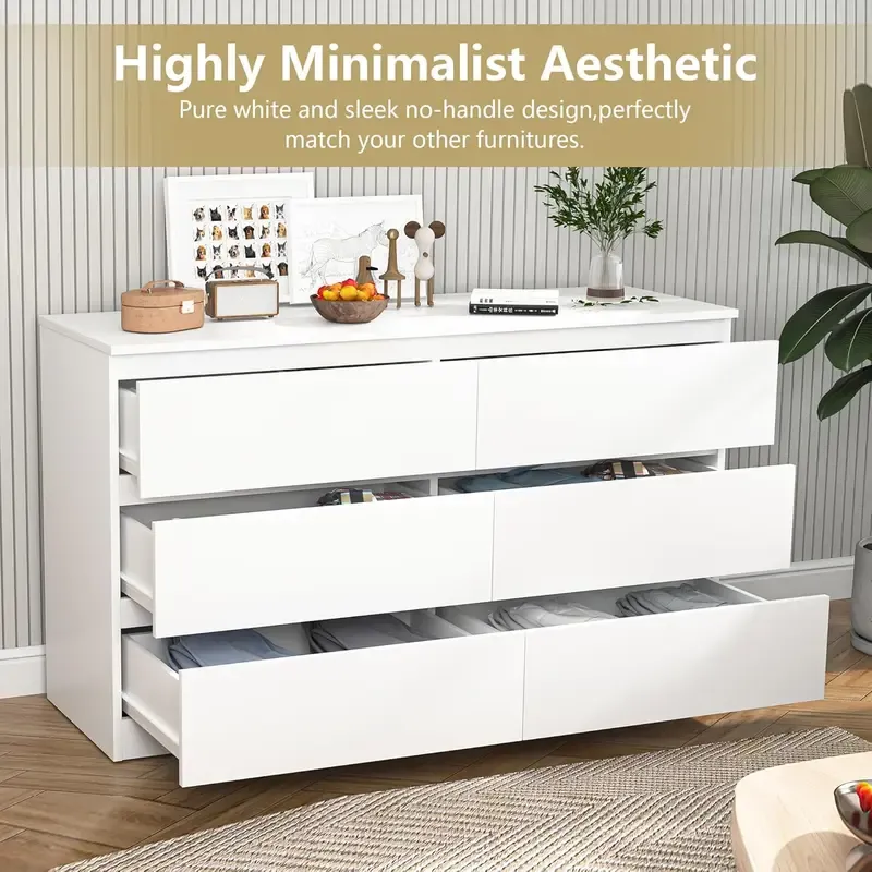 Cómoda moderna Spaco de 6 cajones para dormitorio (blanca): mueble ancho de madera con cajones profundos de deslizamiento suave; mueble de almacenamiento grande para interiores, ideal para apartamentos y decoración del hogar.