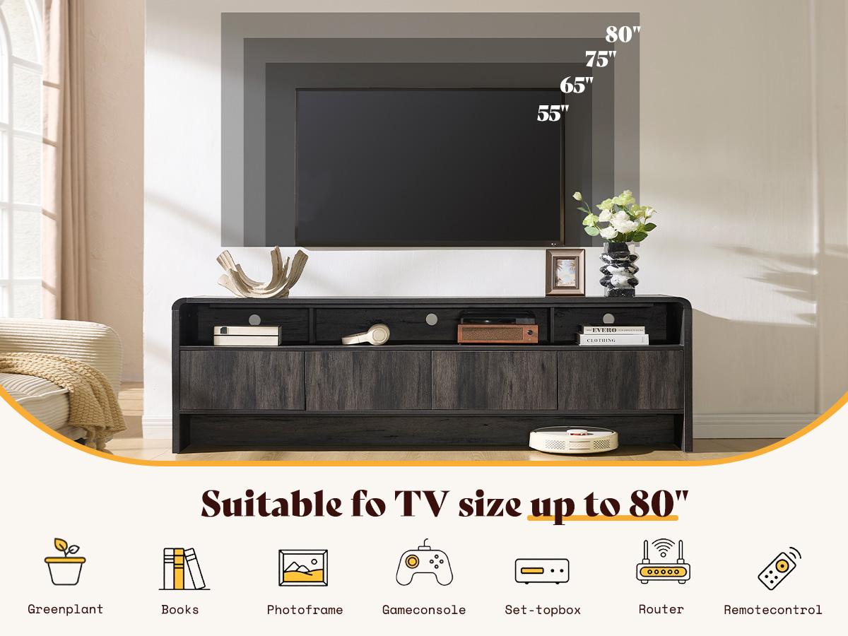 AMERLIFE 70" Modern TV Stand for TVs Up to 80", Wood TV Console with Curved Profile Design & 2 Storage Cabinets, Media Console Entertainment Center for Living Room, Bedroom/Best Gift Ideas/Christmas Gifts[tiktokshopbacktoschool][SohoChic]