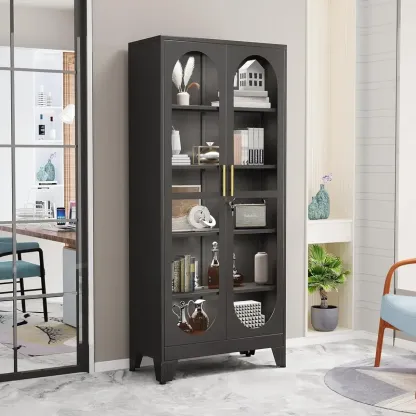 Vitrina metálica resistente de 180 cm de altura con puerta de cristal con cerradura, mueble de cinco niveles con cuatro estantes ajustables, ideal para bar en casa y almacenamiento de utensilios para vajilla, objetos de colección y archivos.