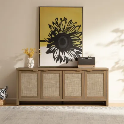 Mueble de TV SICOTAS para sala de estar o dormitorio; centro de entretenimiento de estilo boho con 4 armarios de ratán y diseño rústico; consola multimedia de madera con amplio espacio de almacenamiento para televisores de hasta 45, 50, 55, 60 y 65 pulgad