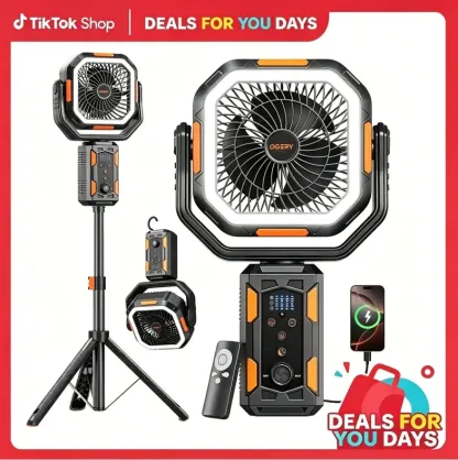 Ventilador de camping OGERY con trípode desmontable, ventilador recargable de 30.000 mAh con luces LED y rotación de 270°, ventilador inalámbrico 4 en 1, ventilador de escritorio con control remoto y cabezal oscilante; portátil, ideal para tiendas de camp