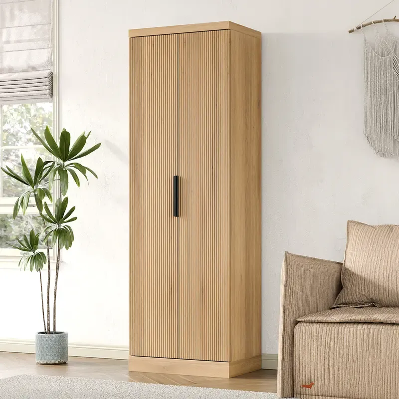 Armario despensero de cocina de 71 pulgadas de alto con estantes ajustables y puerta acanalada; mueble de 5 niveles para sala de estar, cocina, comedor o dormitorio (color roble)