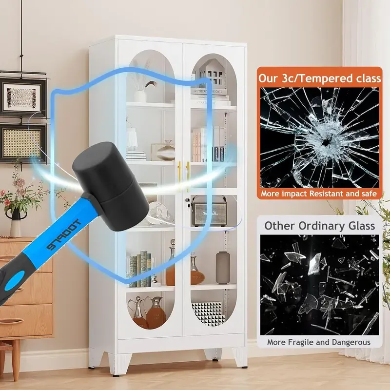 Vitrina metálica resistente de 180 cm de altura con puerta de cristal con cerradura, mueble de cinco niveles con cuatro estantes ajustables, ideal para bar en casa y almacenamiento de utensilios para vajilla, objetos de colección y archivos.