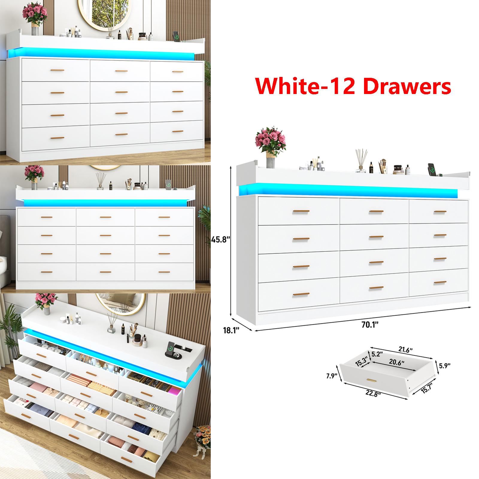 Dresser with LED Light and Charging Station, Modern Chest of Drawers for Closet, Wide Drawer Organizer Cabinet for Bedroom, Living Room, Entryway, Hallway