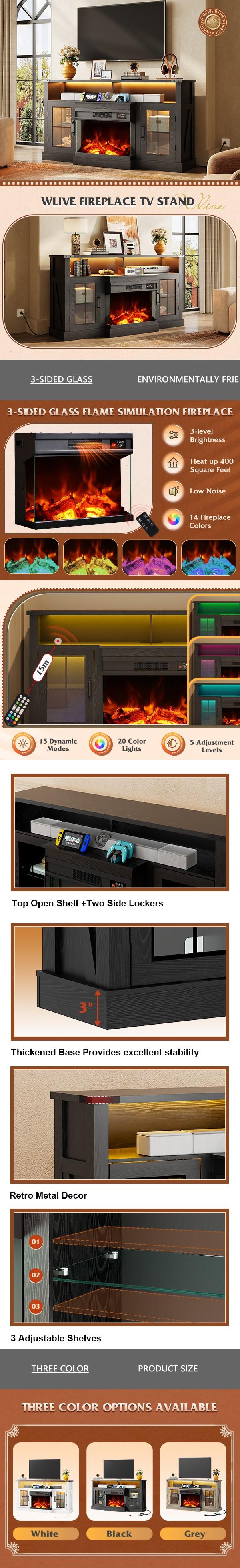 【2 Packages Shipped】WLIVE 3-Sided Glass Electric Fireplace TV Stand for 65 Inch TV, Entertainment Center with 14 Flame Colors & Adjustable LED Storage Cabinets, Farmhouse Media Console for Living Room, Bedroom