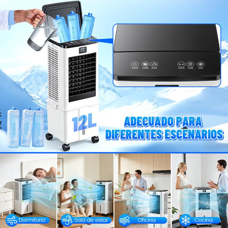 3 en 1 Aire Acondicionado Portátil, Enfriador de Aire Portátil con Tanque Con tanque de agua de 12L, control remoto y temporizador, y 4 cajas de cristales de hielo, Ideal para El hogar Dormitorio y Pequeñas Habitaciones