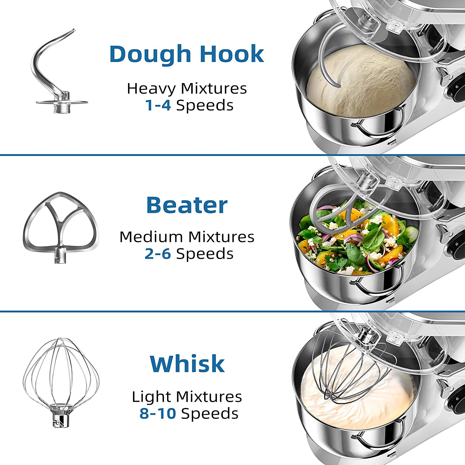 VEZZIO 9.5 Qt Stand Mixer, 10-Speed Tilt-Head Food Mixer, Vezzio 660W Kitchen Electric Mixer with Stainless Steel Bowl, Dishwasher-Safe Attachments for Most Home Cooks