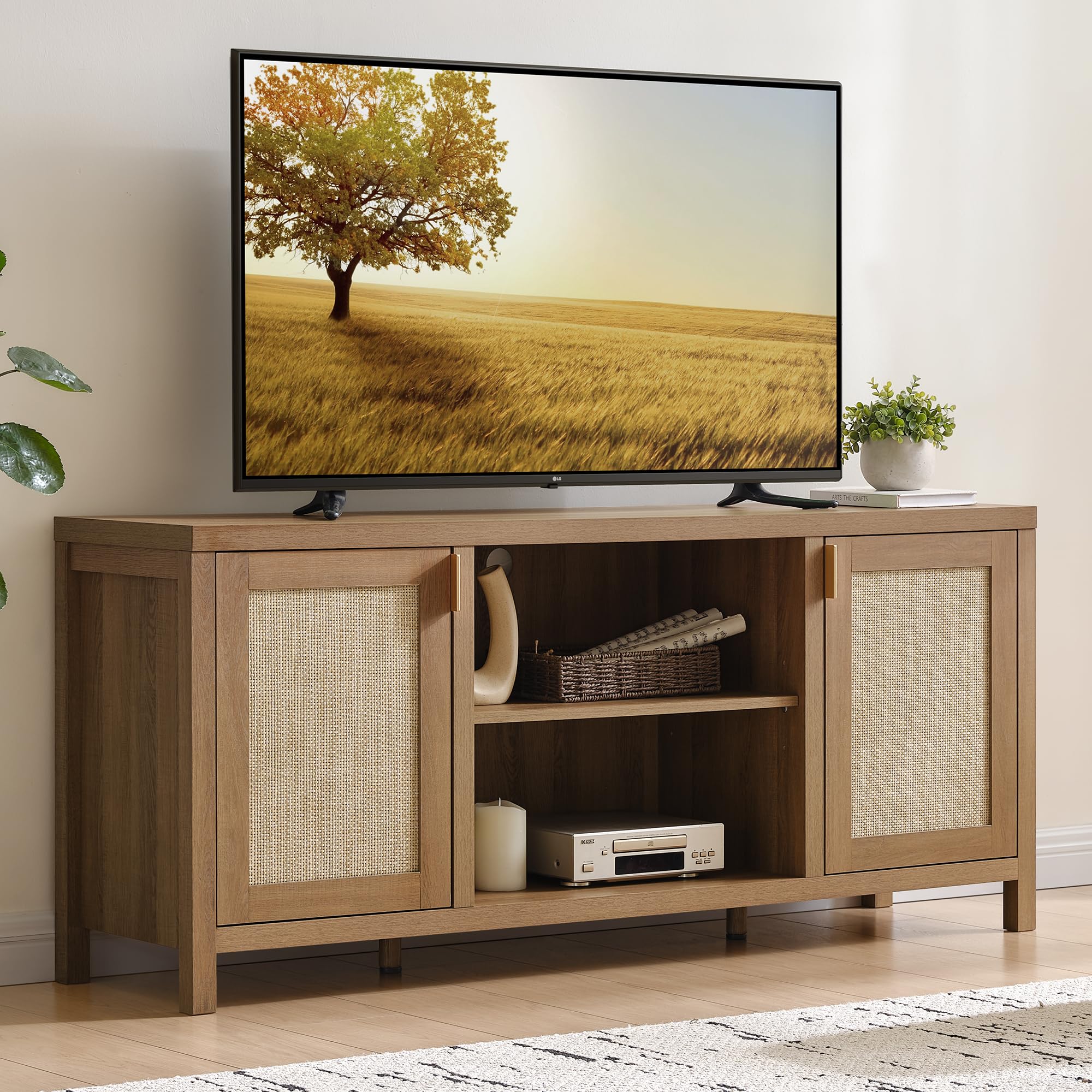 【SohoChic】SICOTAS TV Stand for Living Room Boho Entertainment Center for Bedroom with 4 Rattan Cabinets Farmhouse Television Stands with Storage Large Wood Media Console Table for TVs up to 45 50 55 60 65 Inch
