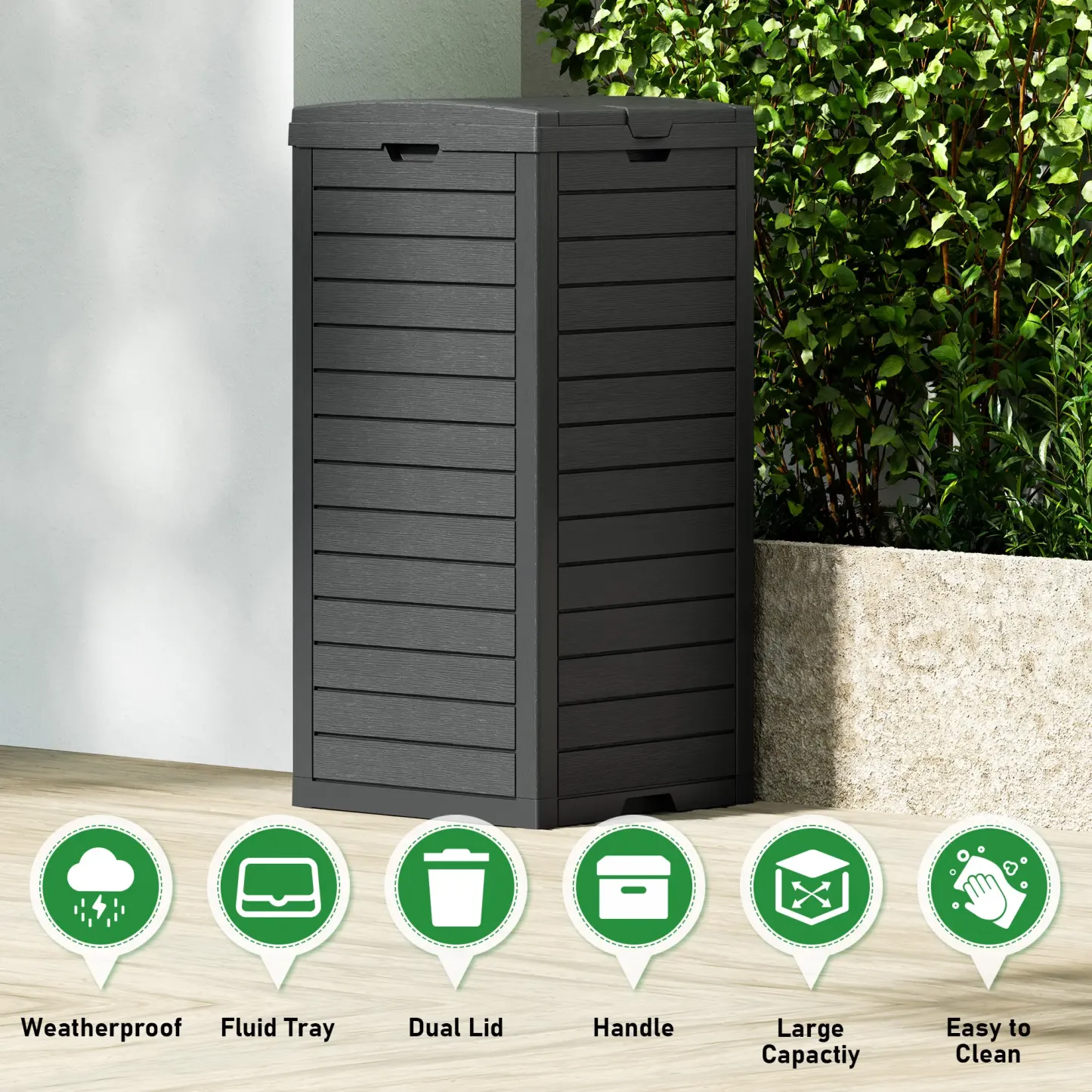 Contenedor de basura para exteriores de 31 galones, modelo oculto con tapa y bandeja de goteo, fabricado en resina fácil de limpiar, apto para uso en el hogar y el jardín, color negro, Summervibes.