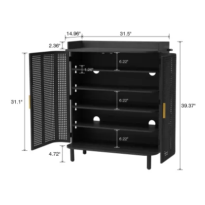 Zapatero Giratree de 5 niveles: mueble organizador de madera estilo boho con estantes ajustables y puertas curvas de hierro y ratán; mueble decorativo ideal para la entrada, el pasillo o la sala de estar.