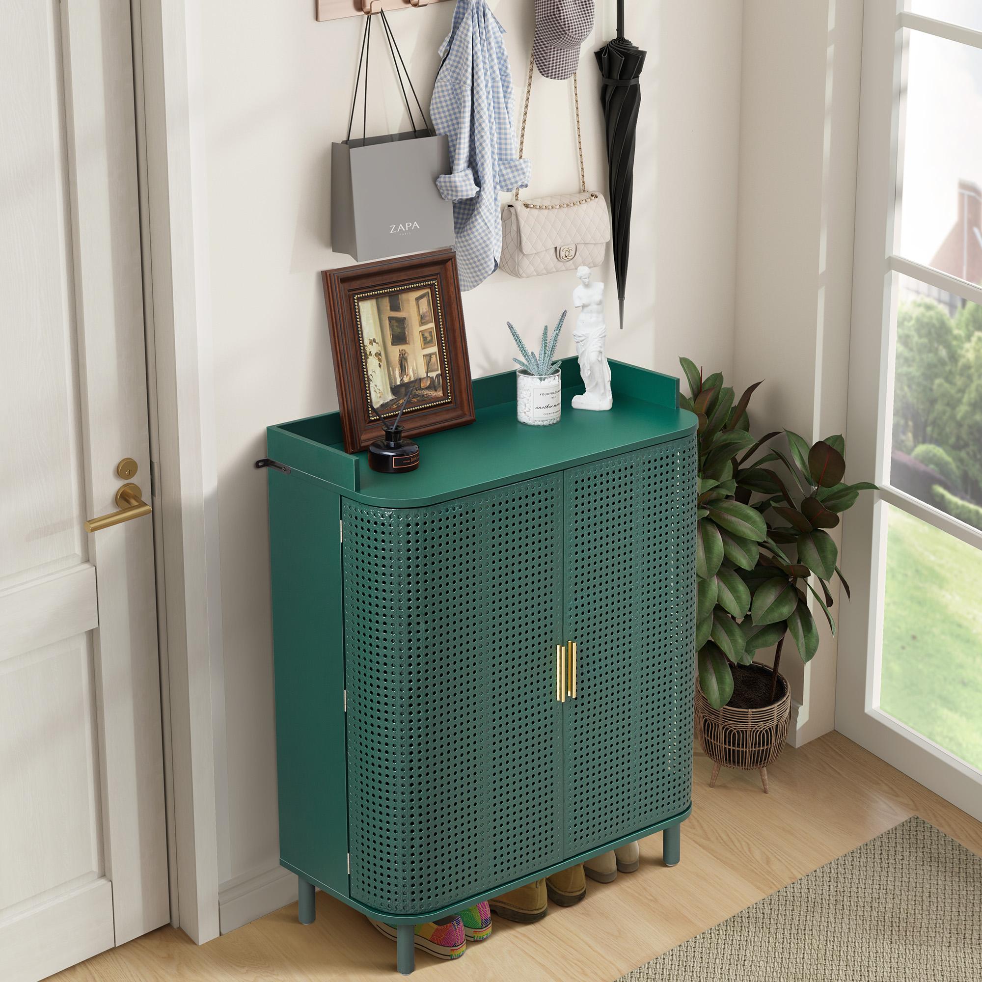 Giratree Shoe Cabinet, 5 Tier Boho Wooden Shoe Storage Organizer Cabinet with Adjustable Shelves, Shoes Rack with Iron Rattan Curved Doors Accent Cabinet for Entryway Hallway Living Room