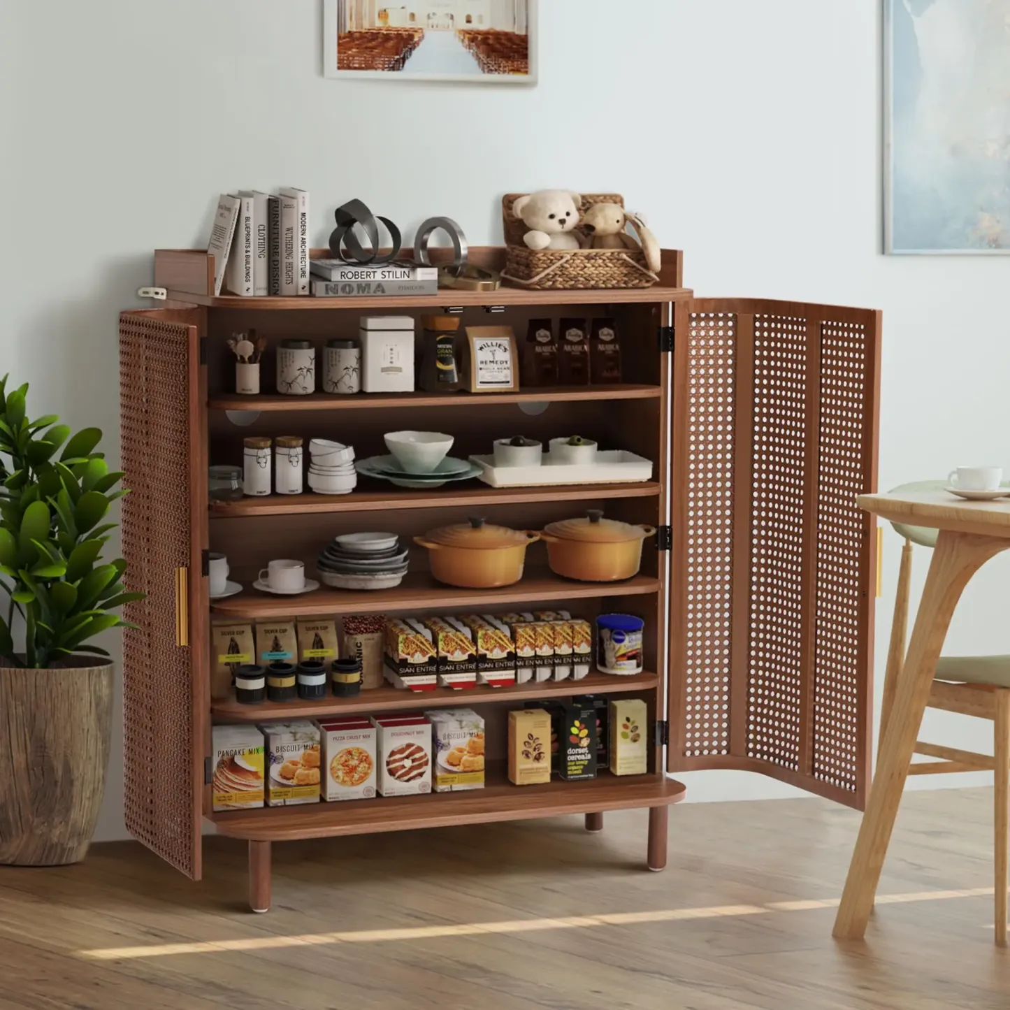 Zapatero Giratree de 5 niveles: mueble organizador de madera estilo boho con estantes ajustables y puertas curvas de hierro y ratán; mueble decorativo ideal para la entrada, el pasillo o la sala de estar.