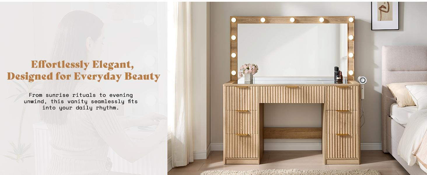 AMERLIFE 36.2/47.2" Fluted Vanity Desk with Mirror and Adjustable LED Lights, Large 4/7 Drawers Makeup Table with Glass Top and Charging Station for Women and Girls, Bedroom or Dorm/Best Gift Ideas/Christmas Gifts[tiktokshopbacktoschool][SohoChic]