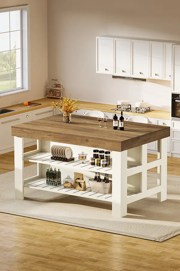Tribesigns Light Brown Kitchen Island With 3 Shelves, Farmhouse Style, 55 Inches Wide, Easy to Assemble
