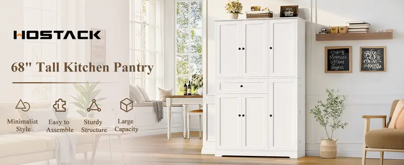 【2-package shipping 】HOSTACK 68" Tall Kitchen Pantry Storage Cabinet, Modern Kitchen Hutch Cabinet with Doors and Shelves, Freestanding Food Pantry with Large Storage Drawer