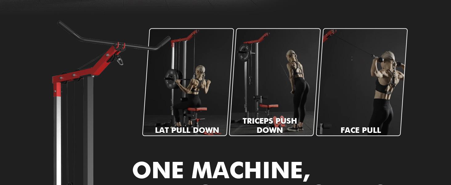 LAT Tower Fitness Equipment with Lat Pull Down, Lat Row, High & Low Pulley Station, Flip-Up Footplate, and AB Crunch Harness for Home Gym Barbell Clamps