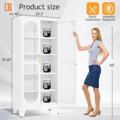 Vitrina metálica resistente de 180 cm de altura con puerta de cristal con cerradura, mueble de cinco niveles con cuatro estantes ajustables, ideal para bar en casa y almacenamiento de utensilios para vajilla, objetos de colección y archivos.