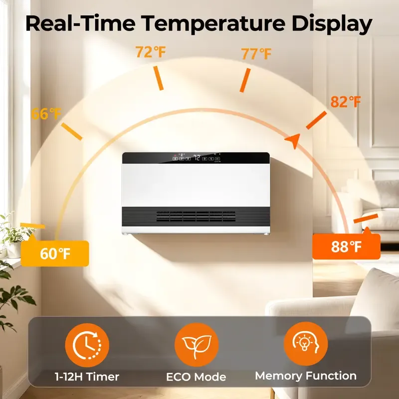 Calefactor de pared 2 en 1 R.W.FLAME de 1300 W, con potencia calorífica ajustable, control termostático y conexión a la red eléctrica.