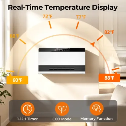 Calefactor de pared 2 en 1 R.W.FLAME de 1300 W, con potencia calorífica ajustable, control termostático y conexión a la red eléctrica.