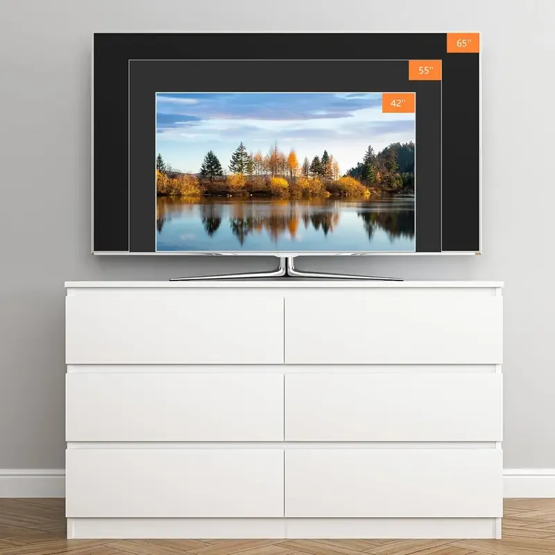 Cómoda moderna Spaco de 6 cajones para dormitorio (blanca): mueble ancho de madera con cajones profundos de deslizamiento suave; mueble de almacenamiento grande para interiores, ideal para apartamentos y decoración del hogar.