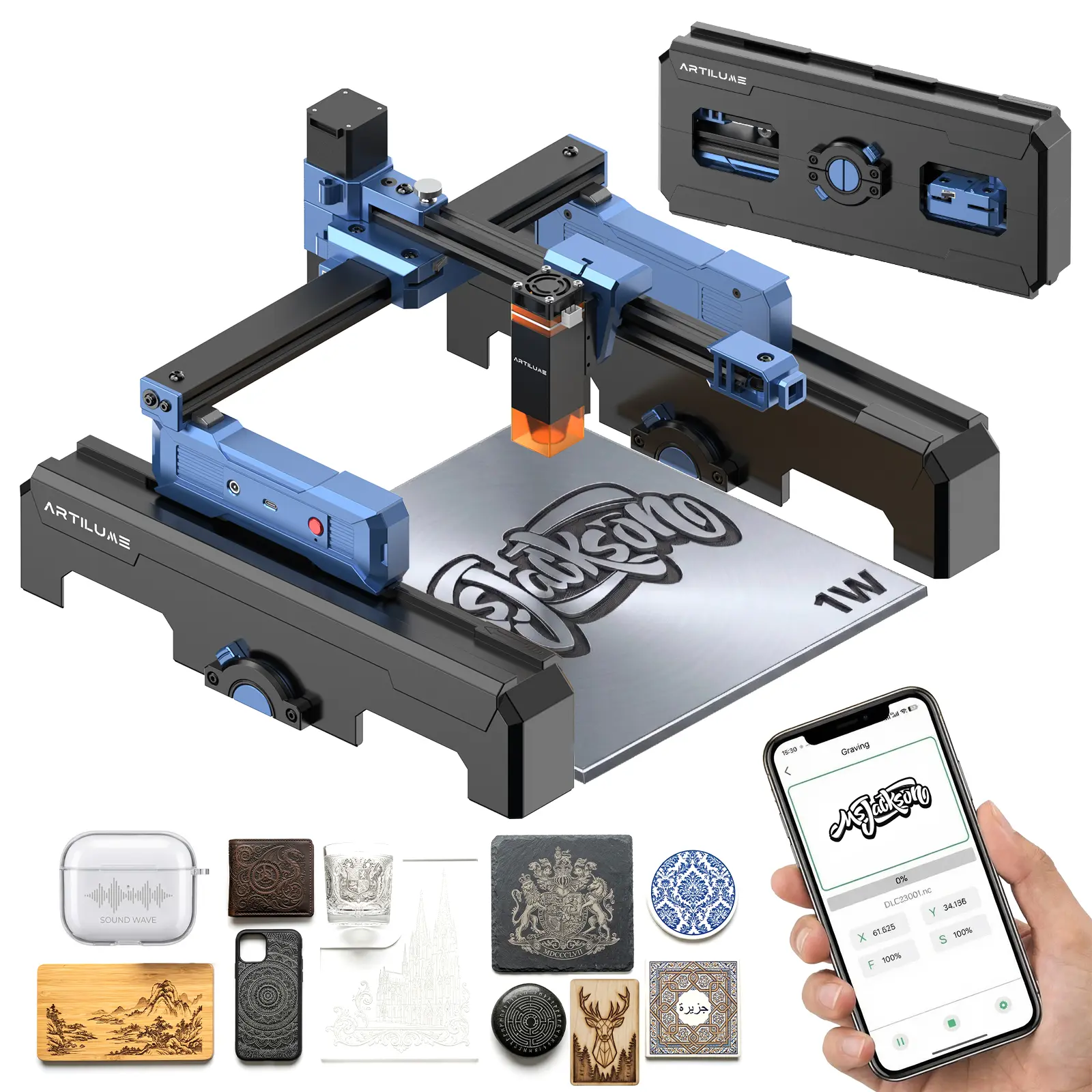Máquina de grabado láser portátil ARTILUME T1 con Wi-Fi, estructura plegable preensamblada, control por aplicación, precisión de 0,01 mm, velocidad de 10000 mm/min, graba madera, cuero, metal y acrílico, herramienta de diseño personalizado para manualidad