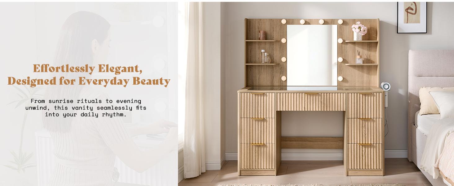 AMERLIFE 36.2/47.2" Fluted Vanity Desk with Mirror and Adjustable LED Lights, Large 4/7 Drawers Makeup Table with Glass Top and Charging Station for Women and Girls, Bedroom or Dorm/Best Gift Ideas/Christmas Gifts[tiktokshopbacktoschool][SohoChic]