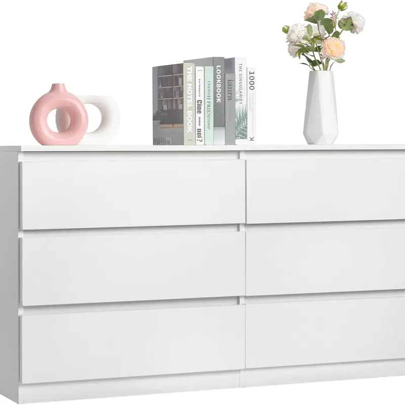 Cómoda moderna Spaco de 6 cajones para dormitorio (blanca): mueble ancho de madera con cajones profundos de deslizamiento suave; mueble de almacenamiento grande para interiores, ideal para apartamentos y decoración del hogar.
