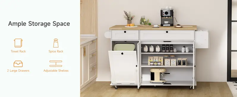 【FallDealsForYou】ONBRILL 60" Kitchen Island with Power Outlet & Drop Leaf, Kitchen Rolling Island with Spice Rack & Towel Rack, Knife Holder, Kitchen Island Cart with Trash Storage Cabinet, Mobile Island Table for Kitchen