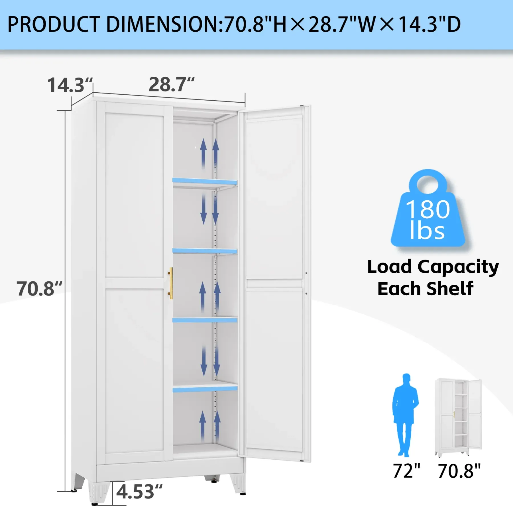 Armario despensero de metal con 2 puertas y estantes ajustables. Disponible en cuatro tamaños: 47", 61", 71" y 75". Armario de almacenamiento para cocina con tiradores dorados: solución versátil para cocina, baño, comedor o cuarto de servicio.