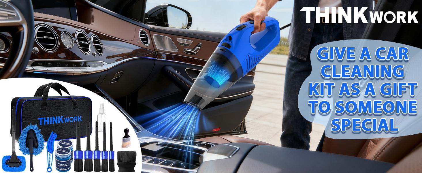 THINKWORK Car Cleaning Kit & Car Detailing Kit, Car Cleaning Kit with High-Power Blue Handheld Vacuum Cleaner, Brush Sets, Windshield Cleaner, Car Accessories, Car Gift Set