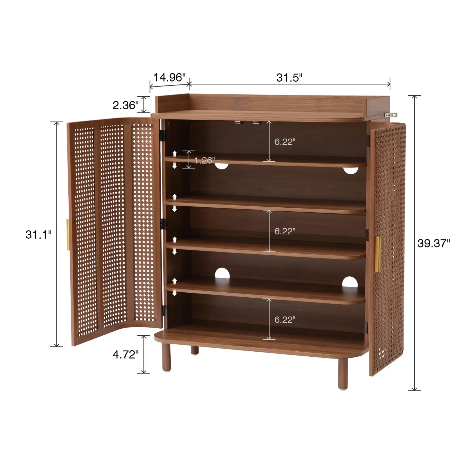 Zapatero Giratree de 5 niveles: mueble organizador de madera estilo boho con estantes ajustables y puertas curvas de hierro y ratán; mueble decorativo ideal para la entrada, el pasillo o la sala de estar.
