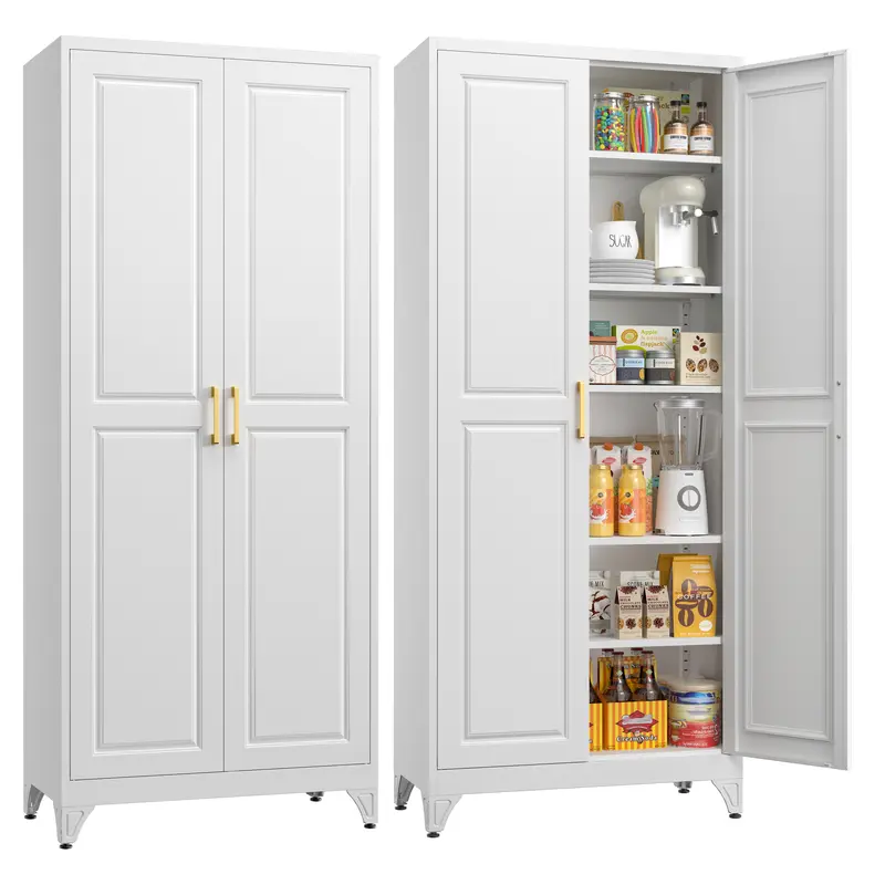 Armario cerrado con estructura metálica de 75 pulgadas: mueble rectangular para almacenamiento de alimentos con 5 estantes ajustables y extraíbles, 2 tiradores dorados y múltiples compartimentos; requiere montaje; mueble despensa moderno para coci